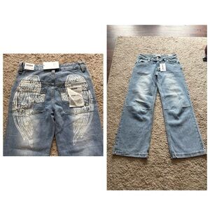 Disclosure Women Sz 28 Wide Leg Fly with Me Lt. Blue Jeans with Angel Wing Back